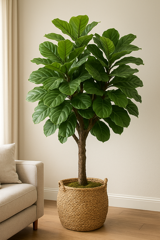 Hyper realistic faux fiddle leaf fig tree with thick trunk and natural looking leaves for modern home decor