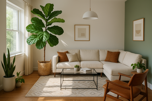 7ft faux fiddle fig plant styled in a bright living room beside a sofa, creating a natural and elegant décor statement